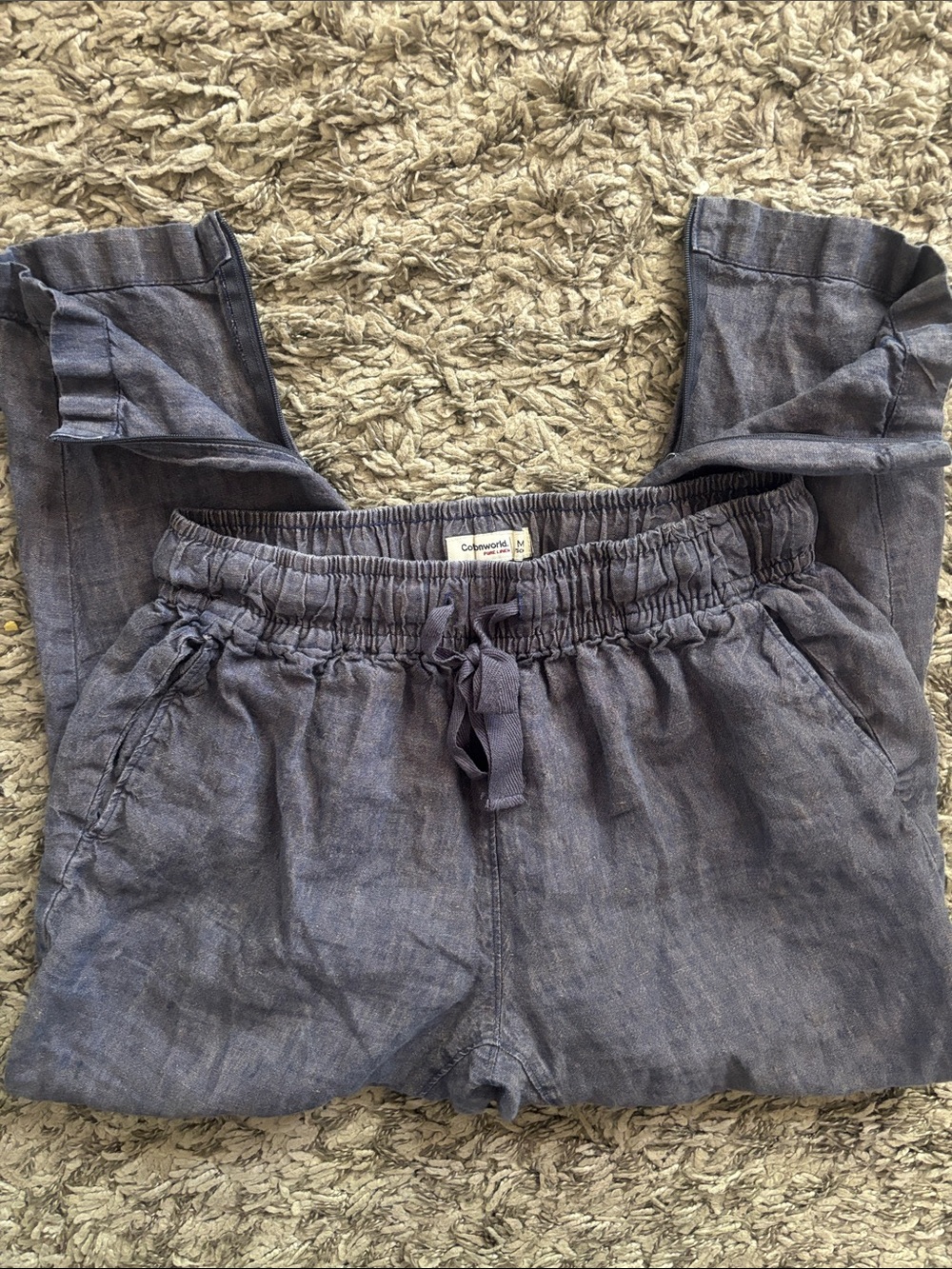 Linen Drawstring cropped Pants zipper at bottom. Charcoal Blue/Gray